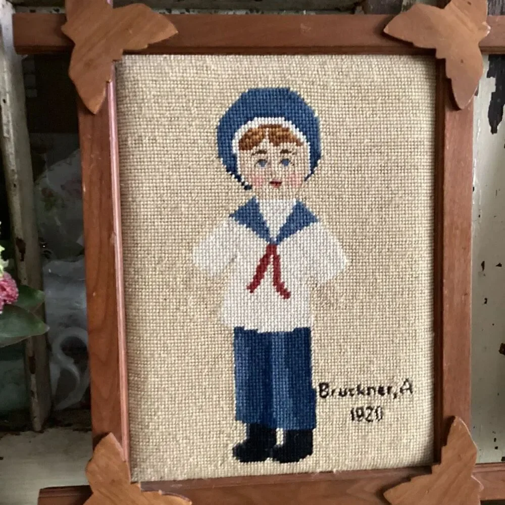 Vintage Needlepoint Sailor Boy Brockner and Girl Fay Flapper Custom Oak Frames